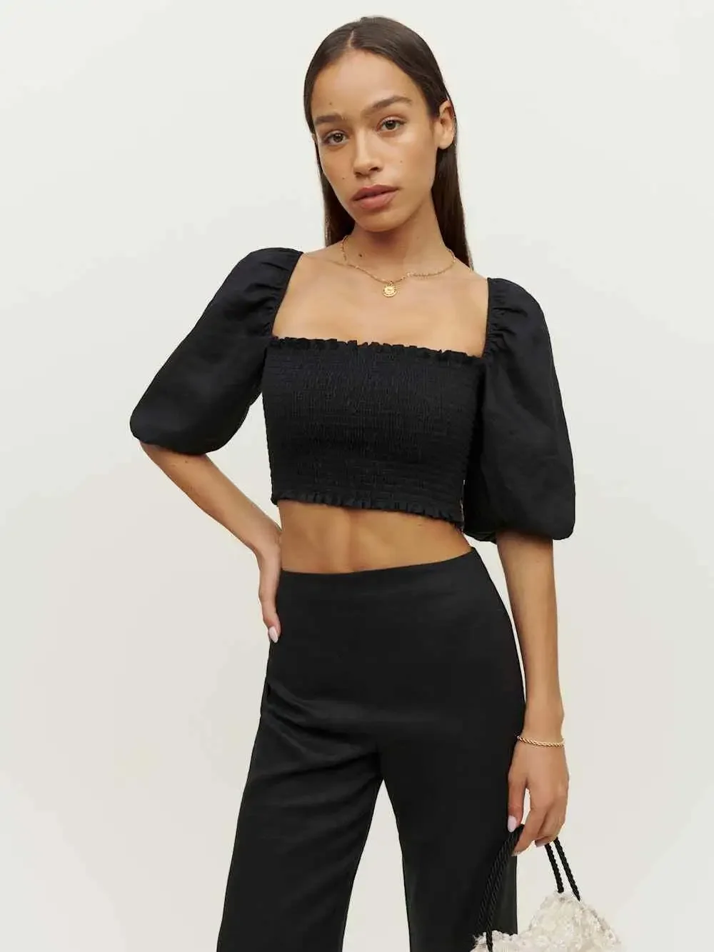 Reformation Scarlett Linen Smocked Puff Sleeve Crop Top Black Size 12